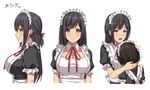  age_difference apron bangs black_hair blush breasts closed_mouth d: detached_collar eyebrows_visible_through_hair frilled_apron frilled_sleeves frills from_side hair_ribbon hands_on_another's_head height_difference highres large_breasts long_hair maid maid_headdress mole mole_on_breast multiple_views neck_ribbon open_mouth original profile puffy_short_sleeves puffy_sleeves purple_eyes raised_eyebrows red_neckwear red_ribbon ribbon round_teeth short_sleeves simple_background smile takocha tareme teeth translation_request upper_body white_apron white_background wing_collar 