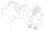  ! 2017 4_ears black_and_white butt charr duo fangs feline female fuzzikayu guild_wars horn kneeling looking_back male mammal monochrome multi_ear pawpads sketch surprise video_games 