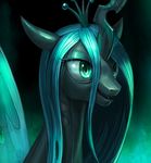  2017 bust_portrait changeling crown dark eyelashes eyeshadow fangs female feral friendship_is_magic gradient_background grin hi_res horn insect_wings japanese_text makeup mascara murskme my_little_pony portrait queen_chrysalis_(mlp) signature simple_background slit_pupils smile solo teal_hair teeth text wings 