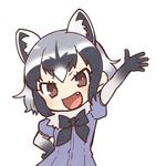  :d animal_ears arm_up black_gloves black_hair black_neckwear bow bowtie brown_eyes common_raccoon_(kemono_friends) doremifa_rondo_(vocaloid) extra_ears eyebrows_visible_through_hair fang fur_collar gloves grey_hair hand_on_hip kemono_friends looking_at_viewer multicolored_hair official_art open_mouth raccoon_ears short_hair short_sleeves simple_background smile solo tama_(songe) white_background 