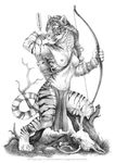  anisis anthro arrow barefoot bow_(weapon) braided_hair breasts clothed clothing deer_skull digitigrade feline female fur greyscale hair headband hindpaw loincloth mammal monochrome nipples paws quiver ranged_weapon skull solo striped_fur stripes tiger topless weapon 