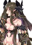 bangs bare_shoulders black_gloves blush breasts brown_hair cleavage closed_eyes collarbone commentary_request detached_collar eating elbow_gloves fate/apocrypha fate/grand_order fate_(series) food_in_mouth fur_trim gloves hair_between_eyes hair_ornament highres konka large_breasts long_hair looking_at_viewer looking_to_the_side navel open_mouth pointy_ears profile semiramis_(fate) simple_background solo spikes veil very_long_hair white_background yellow_eyes 