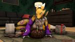  2018 3_fingers 3d_(artwork) anthro armwear birthday_cake black_claws black_eyebrows black_sclera blue_eyes breasts bridal_gauntlets cake canine claws clothing detailed_background digimon digital_media_(artwork) dipstick_tail eyebrows facial_markings female food fur gift hi_res inside leg_markings looking_at_viewer lying mammal markings mostly_nude multicolored_fur multicolored_tail pinup planetmojo pose purple_armwear purple_clothing purple_markings renamon sofa solo teddy_bear two_tone_fur two_tone_tail watermark white_fur white_tail yellow_fur yellow_tail yin_yang 