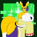  2018 anthro armwear big_breasts black_sclera blue_eyes blush breasts butt canine clenched_teeth clothed clothing covering covering_breasts covering_crotch covering_self detached_sleeves digimon digital_media_(artwork) dress embarrassed female fur hi_res ky_(malamute) mammal markings multicolored_fur pants partially_clothed simple_background solo sweat sweatdrop taomon teeth thick_thighs two_tone_fur voluptuous white_fur wide_hips yellow_fur yin_yang 