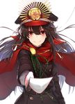  bangs belt belt_buckle black_belt black_cola black_hat black_jacket blurry blurry_foreground blush brown_hair buckle cape closed_mouth commentary_request depth_of_field eyebrows_visible_through_hair family_crest fate/grand_order fate_(series) gloves hair_between_eyes hat highres holding holding_sword holding_weapon jacket koha-ace long_hair long_sleeves looking_at_viewer military military_hat military_jacket military_uniform oda_nobunaga_(fate) oda_uri outstretched_arm peaked_cap red_cape red_eyes smile solo sword uniform very_long_hair weapon white_background white_gloves 