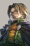  bangs belt blue_cape blue_eyes brown_hair cape glasses grey_background grin hankuri high_collar japanese_clothes lezard_valeth looking_at_viewer male_focus parted_bangs parted_lips simple_background smile solo valkyrie_profile 