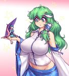  bare_shoulders blue_hair blue_skirt breasts commentary covered_nipples detached_sleeves eyebrows_visible_through_hair eyes_visible_through_hair frog_hair_ornament green_eyes green_hair groin hair_between_eyes hair_ornament hater_(hatater) huge_breasts karakasa_obake kochiya_sanae long_hair looking_at_another midriff minigirl multiple_girls nontraditional_miko shirt short_hair sitting_on_hand size_difference skirt snake_hair_ornament star tatara_kogasa tongue tongue_out touhou umbrella wavy_hair white_shirt wide_sleeves 