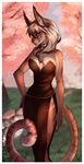  2018 anthro ayuukuro blonde_hair blue_eyes breasts caracal cherry_blossom clothed clothing day detailed_background digital_media_(artwork) dress eyelashes feline female grass hair looking_at_viewer mammal outside plant smile solo standing stone tree 