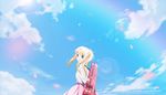  artist_name blonde_hair blue_eyes cloud copyright_name day long_hair looking_at_viewer miyazono_kawori sanaa shigatsu_wa_kimi_no_uso sky solo violin_case 