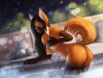  2018 anthro black_hair breasts butt canine female fur gloves_(marking) hair hand_on_breast looking_at_viewer mammal maned_wolf markings nipples orange_fur outside partially_submerged raised_tail smile solo steam temils water 