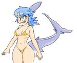  5_fingers animal_humanoid areola_slip bikini blue_hair blush breasts camel_toe clothed clothing female fin fish_humanoid grey_tail grin hair honeyboyy humanoid humanoid_hands looking_at_viewer marine navel nipple_bulge pale_skin portrait shark_humanoid sharp_teeth simple_background smile solo spec_(senatorwong) standing swimsuit tail_fin teeth three-quarter_portrait white_background yellow_eyes 