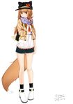  alternate_costume animal_ears backpack bag boots bow bracelet brown_hair eyebrows_visible_through_hair hat holo jewelry long_hair red_eyes scarf shorts solo spice_and_wolf standing tail viktorf wolf_girl wolf_tail 