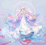  azutarou barefoot bishoujo_senshi_sailor_moon blonde_hair blue_eyes bow bracelet crescent double_bun dress facial_mark flower forehead_mark full_body hair_flower hair_ornament hairclip jewelry long_hair maboroshi_no_ginzuishou princess_serenity rose simple_background solo tsukino_usagi twintails very_long_hair white_dress white_flower white_rose 