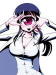  bandages bangs black_hair blunt_bangs breasts cleavage cyclops hitomi_sensei_no_hokenshitsu labcoat large_breasts manaka_hitomi monster_girl one-eyed pink_background pink_eyes ponytail school_nurse scissors shake-o simple_background solo 