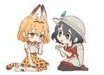  animal_ears backpack bag belt black_eyes black_hair black_legwear blonde_hair bow bowtie brown_footwear doremifa_rondo_(vocaloid) elbow_gloves extra_ears eyebrows_visible_through_hair gloves hair_between_eyes hat hat_feather helmet high-waist_skirt kaban_(kemono_friends) kemono_friends looking_at_another multiple_girls official_art pantyhose pith_helmet print_gloves print_legwear print_neckwear print_skirt red_shirt serval_(kemono_friends) serval_ears serval_print serval_tail shirt short_hair short_sleeves shorts sitting skirt sleeveless sleeveless_shirt tail tama_(songe) tears white_background yellow_eyes yokozuwari 