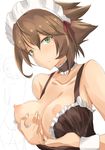  alternate_costume bangs blush bra breasts breasts_outside brown_bra brown_hair cleavage collarbone detached_collar embarrassed enmaided flipped_hair green_eyes hair_between_eyes kantai_collection large_breasts looking_at_viewer maid maid_headdress mutsu_(kantai_collection) nipples self_fondle shino_(ten-m) short_hair simple_background solo underwear upper_body white_background wrist_cuffs 