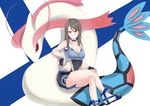  arm_rest bangs black_choker black_gloves black_leotard black_shorts blue_shirt brown_eyes brown_hair choker closed_mouth covered_navel crop_top cross-laced_footwear crossed_legs crossover eyebrows_visible_through_hair fingerless_gloves finnish_flag flag_background gen_3_pokemon girls_und_panzer gloves hand_on_own_leg highres holding holding_poke_ball legs leotard long_hair looking_at_viewer mika_(girls_und_panzer) milotic no_hat no_headwear poke_ball poke_ball_(generic) poke_ball_symbol pokemon pokemon_go shimesaba_(simesabaikka) shirt short_shorts shorts side_cutout sitting smile striped striped_shirt vertical-striped_shirt vertical_stripes white_footwear 