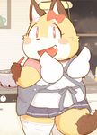  1girl apron artist_request cooking fox furry open_mouth red_eyes smile solo stocking 