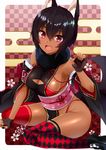  :d animal_ears argyle argyle_legwear arm_belt arm_support bikini black_footwear black_gloves black_hair black_nails blush breasts checkered checkered_background cherry_blossoms claw_pose cleavage cleavage_cutout dark_skin detached_sleeves egasumi fang fingerless_gloves gloves gomashi_(goma) gradient gradient_background highres japanese_clothes large_breasts loafers looking_at_viewer mismatched_legwear nail_polish obi open_mouth original outside_border paw_pose red_background red_bikini red_eyes red_legwear sash scarf shoes sideboob simple_background sitting smile solo swimsuit tail thighhighs thighs wariza white_footwear wide_sleeves wolf_ears wolf_girl wolf_tail 
