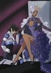  1girl arm_behind_back black_hair blue_eyes bodysuit breasts cleavage_cutout commentary crossed_legs dark_skin dress earrings facial_mark hair_over_eyes high_heels hyakujuu-ou_golion jewelry keith_(voltron) kneeling lipstick long_hair makeup medium_breasts pointy_ears princess_allura purple_dress purple_lipstick sasha_gladysh signature smile sparkle throne tiara very_long_hair voltron:_legendary_defender white_hair 