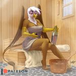  2018 3_toes anthro areola avian beak blush breasts brown_feathers claws digital_media_(artwork) feathered_wings feathers female friendship_is_magic gilda_(mlp) gryphon inside kevinsano my_little_pony non-mammal_breasts patreon sauna sitting solo steam sweat toe_claws toes towel white_feathers wings 