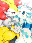  025aki absurd_res blue_eyes blush braixen female female/female half-closed_eyes hi_res hug legendary_pok&eacute;mon lying nintendo nude on_side open_mouth pok&eacute;mon pok&eacute;mon_(species) red_eyes reshiram simple_background smile traditional_media_(artwork) video_games white_background 