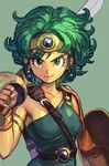  belt breasts closed_mouth dragon_quest dragon_quest_iv dress earrings fingernails green_background green_dress green_eyes green_hair hankuri heroine_(dq4) holding holding_sword holding_weapon jewelry looking_at_viewer medium_breasts over_shoulder scimitar serious shield short_hair simple_background smile solo sword tiara upper_body weapon weapon_over_shoulder 