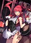  1girl apron areola_slip areolae asymmetrical_horns blush bow breasts commentary_request covered_nipples dragon_girl dragon_tail elizabeth_bathory_(fate) elizabeth_bathory_(fate)_(all) faceless faceless_male fate/grand_order fate_(series) green_eyes heart heart-shaped_pupils highres horns kaneru navel panties pointy_ears red_hair side-tie_panties sideboob small_breasts striped striped_panties sweat symbol-shaped_pupils tail underwear wrist_cuffs 