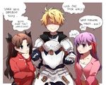  2girls ? armor arthur_pendragon_(fate) black_bow blue_eyes bow brown_background confused english fate/grand_order fate/prototype fate/stay_night fate_(series) hair_bow hair_ribbon highres hime_(sasukken) long_hair long_sleeves looking_at_another matou_sakura multiple_girls open_mouth purple_eyes purple_hair red_ribbon ribbon shaded_face short_hair sketch smile sweat thought_bubble toosaka_rin twintails 