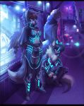  2018 anthro black_bars blue_eyes breasts brown_hair canine clothed clothing detailed_background digital_media_(artwork) female group hair male mammal night outside sorafoxyteils standing 