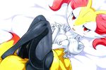  025aki absurd_res blush braixen breasts feet female half-closed_eyes hi_res looking_at_viewer lying nintendo nude on_back open_mouth pok&eacute;mon pok&eacute;mon_(species) red_eyes simple_background small_breasts smile traditional_media_(artwork) video_games white_background 