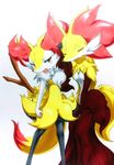  025aki absurd_res blush braixen breasts delphox eyes_closed female half-closed_eyes hi_res navel nintendo nude open_mouth pok&eacute;mon pok&eacute;mon_(species) red_eyes simple_background small_breasts standing stick sweat traditional_media_(artwork) video_games white_background 