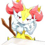  025aki absurd_res blush braixen breasts female half-closed_eyes hi_res looking_at_viewer navel nintendo nude open_mouth pok&eacute;mon pok&eacute;mon_(species) red_eyes simple_background small_breasts smile stick traditional_media_(artwork) video_games white_background 