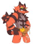  2018 anthro balls black_fur censored claws cum erection feline fur humanoid_penis incineroar male mammal mosaic_censorship muscular muscular_male nintendo nude penis pok&eacute;mon pok&eacute;mon_(species) red_fur rokuyon solo sweat teeth video_games 