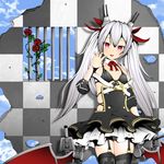  arm_at_side azur_lane bangs bars belt black_legwear bow breasts checkered cloud cloudy_sky commentary_request cowboy_shot day detached_sleeves fang flower garter_straps grey_hair hair_bow hair_ornament head_tilt headgear kiaro looking_at_viewer machinery open_mouth purple_eyes rose silver_hair sky small_breasts smile standing strap_pull thighhighs twintails vampire_(azur_lane) zettai_ryouiki 