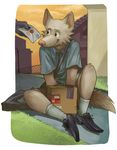  anthro canine clothing footwear fur glitter_trap_boy legwear mail male mammal pink_nose rupert_(tacklebox) shirt shoes shorts sitting smile socks solo t-shirt white_fur 