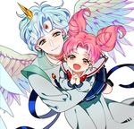  1girl :d bishoujo_senshi_sailor_moon chibi_usa closed_mouth crying crying_with_eyes_open double_bun feathered_wings forehead_jewel from_above hands_clasped happy helios_(sailor_moon) holding horn looking_at_viewer nanette_(krowaze) open_mouth own_hands_together pink_hair school_uniform serafuku smile tears twintails white_hair white_wings wings yellow_eyes 