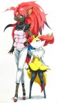  025aki absurd_res blue_eyes blush braixen breasts clothed clothing feet female footwear full_body hair hand_on_hip hi_res long_hair looking_at_viewer nintendo nude open_mouth pants pok&eacute;mon pok&eacute;mon_(species) red_eyes red_hair shirt shoes simple_background small_breasts smile traditional_media_(artwork) video_games white_background zoroark 