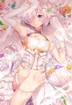  armlet armpits asymmetrical_gloves blush breasts bridal_gauntlets bridal_veil cleavage cleavage_cutout cowboy_shot dog dress elbow_gloves fate/grand_order fate_(series) flower fou_(fate/grand_order) gloves hair_flower hair_ornament hair_over_one_eye hand_on_own_head highres jewelry lace lace-trimmed_thighhighs looking_at_viewer lying mash_kyrielight medium_breasts nahaki on_back pleated_dress pleated_skirt purple_eyes purple_hair short_hair single_thighhigh skirt sleeveless thigh_strap thighhighs veil white_gloves white_legwear 