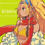  al_bhed_eyes bikini blonde_hair blue_headband braid breasts cleavage final_fantasy final_fantasy_x final_fantasy_x-2 green_eyes hair_ornament headband large_breasts long_hair rikku scarf smile solo sunagimo_(nagimo) swimsuit 