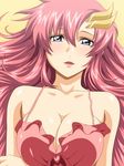  blue_eyes breasts cleavage gundam gundam_seed gundam_seed_destiny hair_ornament highres kh-fullhouse lacus_clyne large_breasts lingerie lips long_hair looking_at_viewer lying negligee official_style on_back parted_lips pink_hair solo underwear upper_body 
