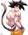  1boy :o alternate_muscle_size ass_peek back black_hair clothes_pull dougi dragon_ball dragon_ball_z from_behind hands_in_pockets highres looking_at_viewer looking_back male_focus masamunecat monkey_tail motion_lines pants pants_pull solo son_goku spiked_hair tail tail_raised toned toned_male wet wet_hair 