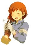  1girl :d asbel_(nausicaa) blush brown_gloves brown_hair closed_eyes earrings facing_viewer gloves grey_gloves honoboooono jewelry kaze_no_tani_no_nausicaa medium_hair nausicaa open_mouth short_hair smile stud_earrings studio_ghibli upper_body 