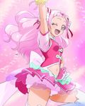  ;d arm_up back_bow bow cure_yell haruyama_kazunori hugtto!_precure long_hair looking_at_viewer magical_girl midriff navel nono_hana one_eye_closed open_mouth pink pink_eyes pink_hair pink_skirt precure skirt smile solo thighhighs white_legwear 