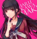  bangs black_sailor_collar blunt_bangs character_name closed_mouth danganronpa dutch_angle eyebrows_visible_through_hair finger_to_mouth hair_ornament hair_scrunchie harukawa_maki index_finger_raised lanlanlu_(809930257) long_hair long_sleeves looking_at_viewer low_twintails mole mole_under_eye neckerchief new_danganronpa_v3 red_eyes red_scrunchie red_shirt sailor_collar school_uniform scrunchie serafuku serious shirt shushing sidelocks solo twintails upper_body white_neckwear 