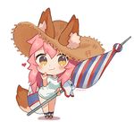  :3 animal_ears beach_umbrella blush breasts chibi ears_through_headwear fate/grand_order fate_(series) fox_ears fox_tail hat heart innertube large_breasts looking_at_viewer lowres mochii parasol pink_hair pixiv_username shirt simple_background solo straw_hat striped_umbrella sun_hat t-shirt tail tamamo_(fate)_(all) tamamo_no_mae_(swimsuit_lancer)_(fate) umbrella white_background yellow_eyes 
