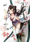  &lt;ant&gt; bird black_hair breasts cleavage flower hair_ribbon highres japanese_clothes kachou_fuugetsu_(onmyoji) kimono long_hair looking_at_viewer medium_breasts onmyoji ribbon scroll thighhighs 