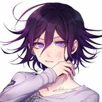  blood bruise_on_face chain collarbone danganronpa grey_shirt hair_between_eyes hand_up highres long_sleeves looking_at_viewer male_focus nanin new_danganronpa_v3 nosebleed ouma_kokichi parted_lips purple_eyes purple_hair shirt skirt smile solo torn_clothes torn_skirt upper_body v-shaped_eyebrows white_background wiping_face 