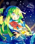  :d ana_(rznuscrf) bangs blue_dress blue_eyes blue_hat blush bow capelet dress eyebrows_visible_through_hair green_hair hat long_hair long_sleeves looking_away open_mouth outstretched_arms puyopuyo red_bow smile solo star star-shaped_pupils symbol-shaped_pupils very_long_hair white_capelet wide_sleeves witch_(puyopuyo) 