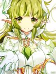  closed_mouth daybreaker_(elsword) elsword gloves green_eyes green_hair green_neckwear long_hair looking_at_viewer necktie no_nose outstretched_hand pointy_ears rena_(elsword) runia_(runia0) signature simple_background smile solo upper_body white_background white_gloves 